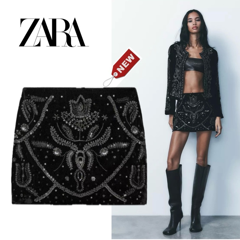 Zara Black velvet sequin beaded embroidered short miniskirt Sz M NWT festive